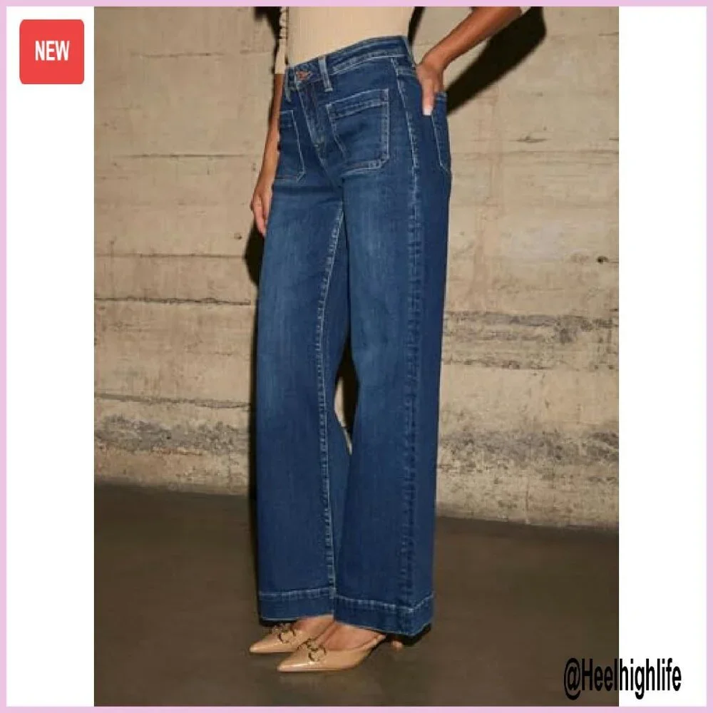 High Waisted Wide Leg Jeans Stretchy Denim Straight Leg Pants - Picture 3 of 6